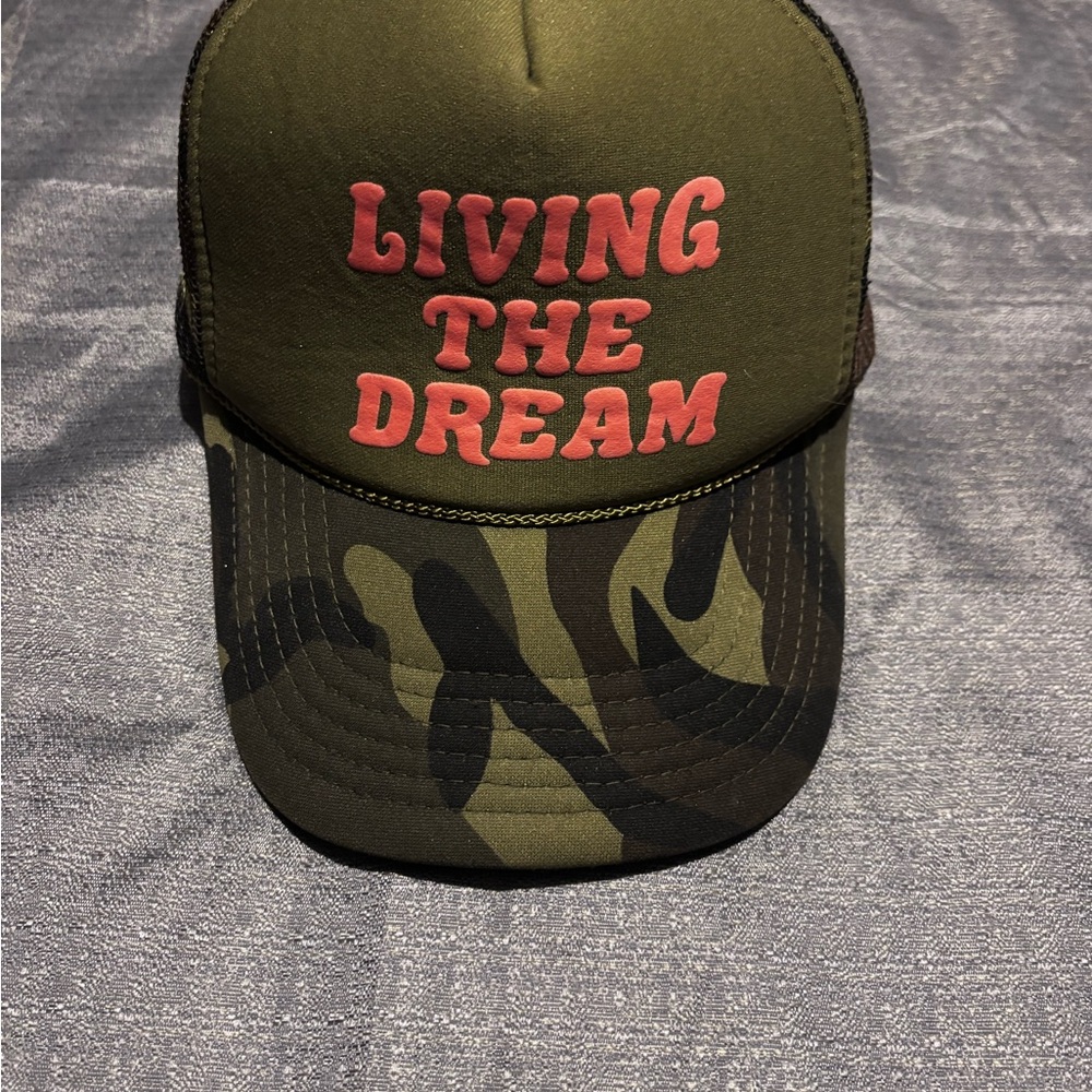 ✨3/$25 bundle- Green Camo Trucker Hat with Pink "Living The Dream" puff art✨ - Picture 3 of 7